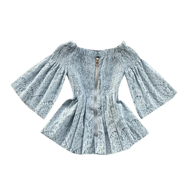 

lace women shirts 2020 summer new slash neck flare sleeved zipper A-line ruffles office lady elegant shirts outwear coat tops