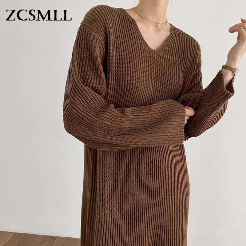 

ZCSMLL Korea chic autumn simple and versatile hedging V-neck loose casual over-the-knee sweater dress long skirt female