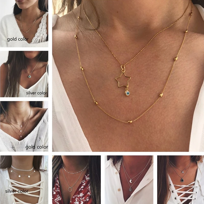 

New Arrival Alloy Moon Sun Flowers Stars Clavicle Chain Necklaces for Women Vintage Retro Choker Necklace Jewelry Gifts