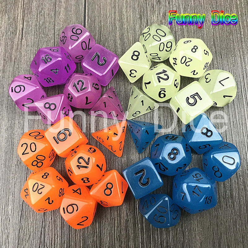 7 шт./лот светится в темноте RPG цифровые кости набор D4 6 8 10 10% 12 20 светильник