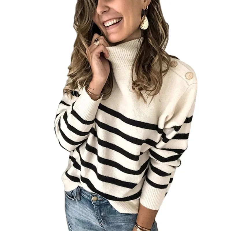 

2020 autumn/winter new knitwear high-necked head strap nail buckle striped sweater girl.