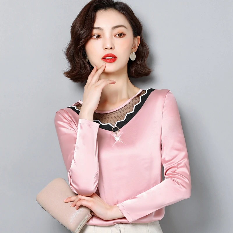 Корейские модные шелковые женские рубашки атласные кружевные блузки с длинным