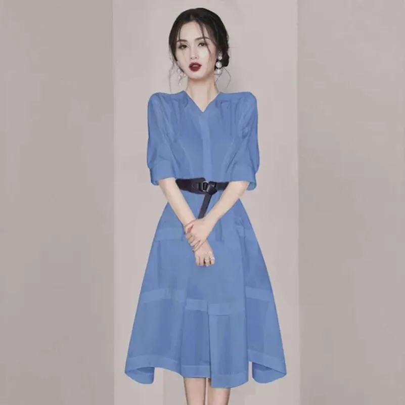 

COIGARSAM French Style Women dress New Summer Belt High Waist V-Neck Dresses Blue 3293
