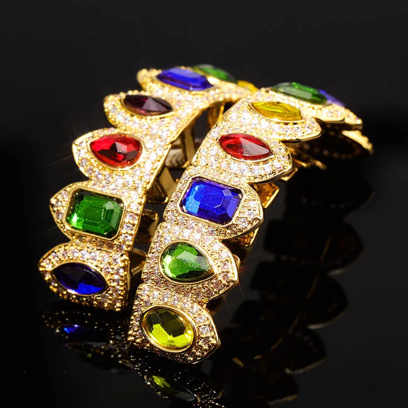 Хип-хоп натуральный камень вымощенный Bling Iced Out зубы Grillzs Топ нижний набор золотые плоские дентальные украшения мужские рапперы ювелирные изделия золото серебро