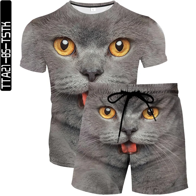 

Summer 2021 new men's and women's 3D printed beach pants + T-shirt two-piece cute cat friends send each other the best gifts
