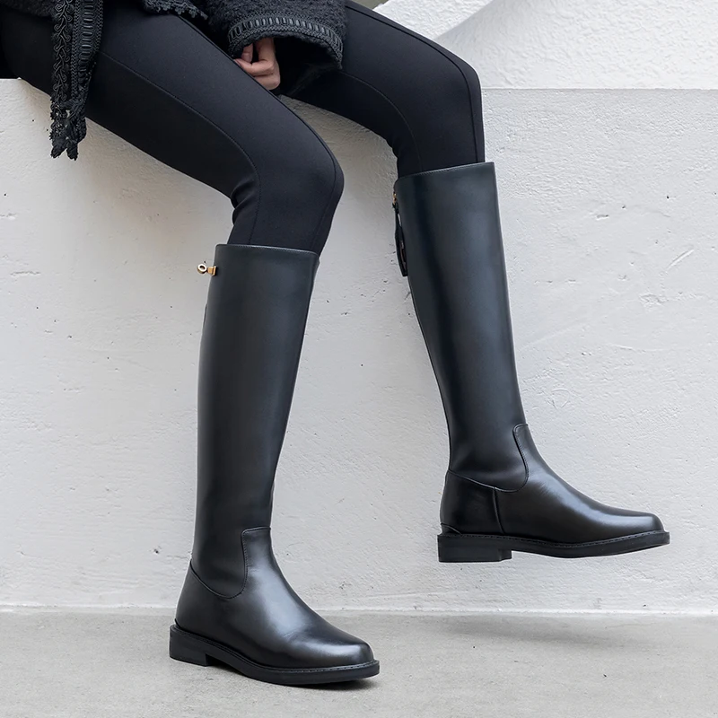 

Cow leather Female Riding Boots metal Buckle low Heels Night Club Shoes Woman Winter autumn Long Women Knee High Boots