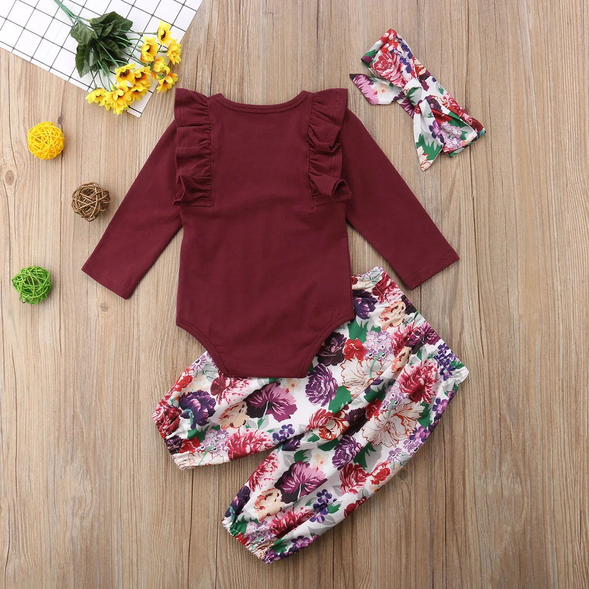 

princess girl clothes set fly sleeve romper +floral pants +headband clothes autumn wear 0-18m