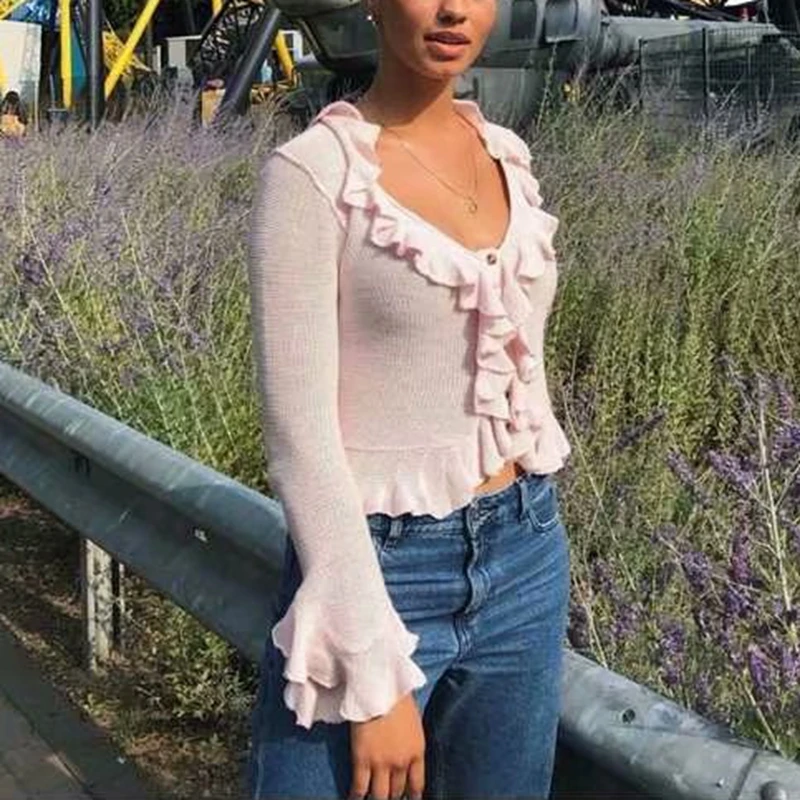Женский укороченный вязаный свитер розовый Укороченный кардиган с оборками