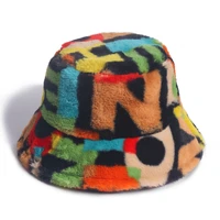 women colorful multi fisherman hat warm fuzzy winter fur hats 2020 new girls letter printed faux fur bucket hat