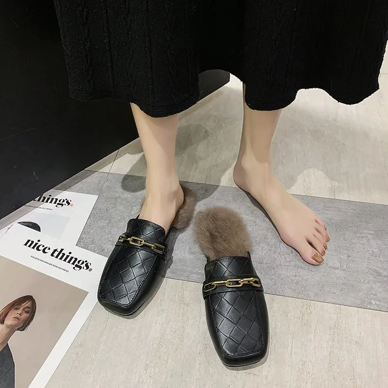 

Metal Chain Ladies Slippers Elegant Mules Women Shoes Woman Solid Leather Low Heel Winter Fur Slippers Slides Chaussures Femme