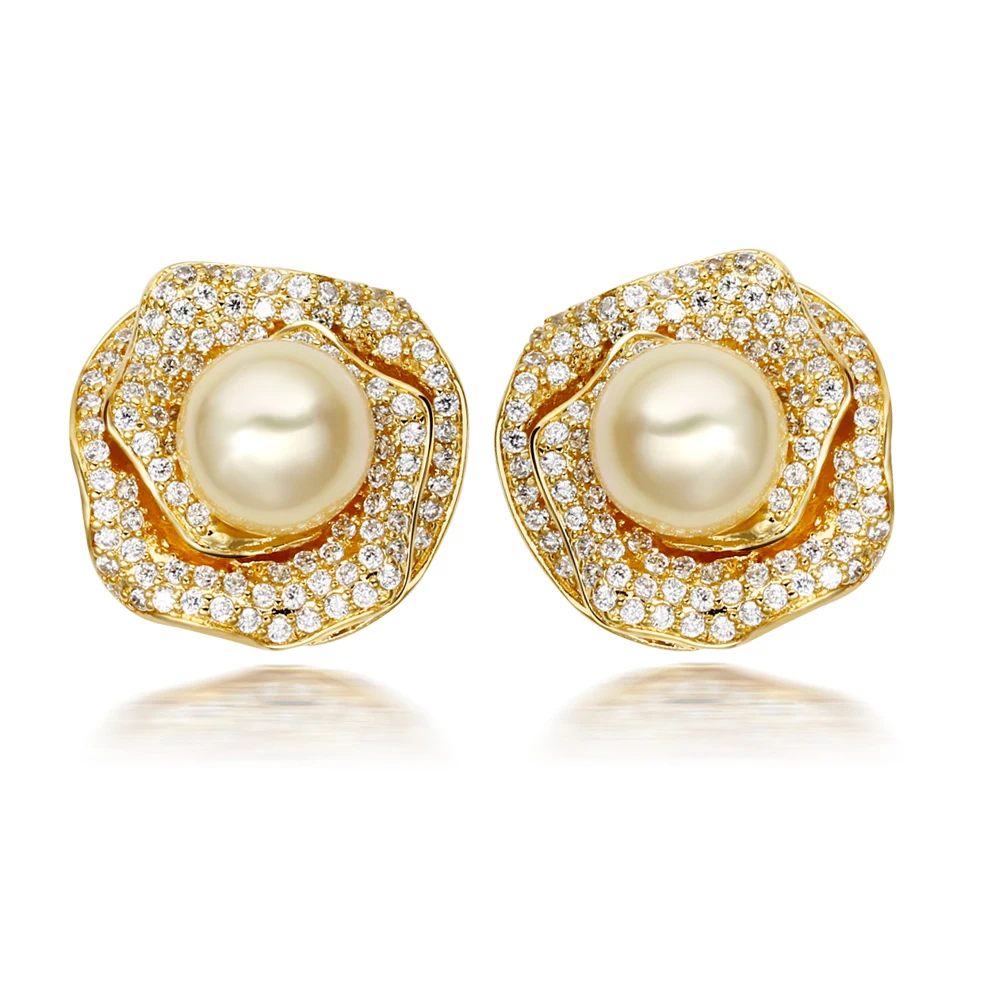 

New Fashion flower Stud earring statement jewelry pendientes aros with clear crystal and simulated pearl earings