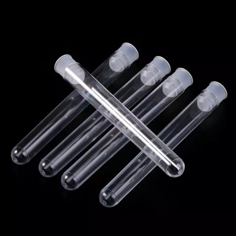 

10PCS 12x100mm Lab Clear Plastic Test Tube Round Bottom Tube Vial with Cap Office Lab Experiment Supplies