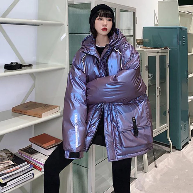 

Laser Hologram Magic Purple Winter Thick Warm Coat Preppy Stylish Bigger Size
