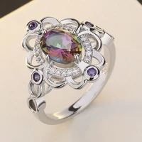 milangirl hollow flower shaped rainbow colorful oval crystal rhinestone zircon ring for women wedding engagement fashion jewelry