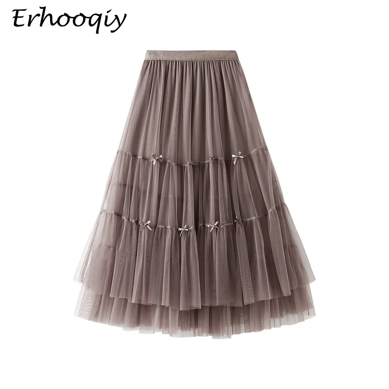 

Женская плиссированная юбка с бантом, Однотонная юбка-пачка средней длины с высокой талией, Осень-зима 2021