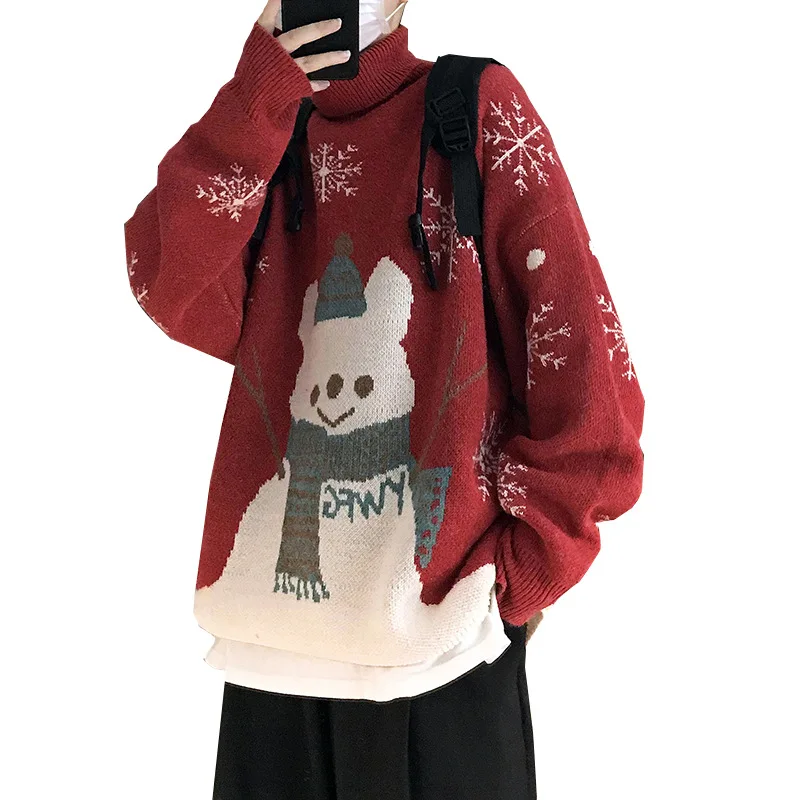 

Autumn Winter Men's Sweater Tops Christmas Couple Outfit Korean Looser Male Knit Shirt Harajuku Turtleneck Sweater Mens Coat