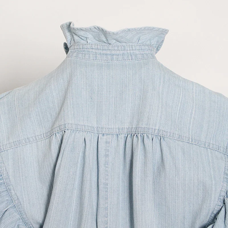 

MENKAY 2020 New Rompers autumn and winter turn-down collar full sleeves ruffles denim length jumpsuit light blue female clothes