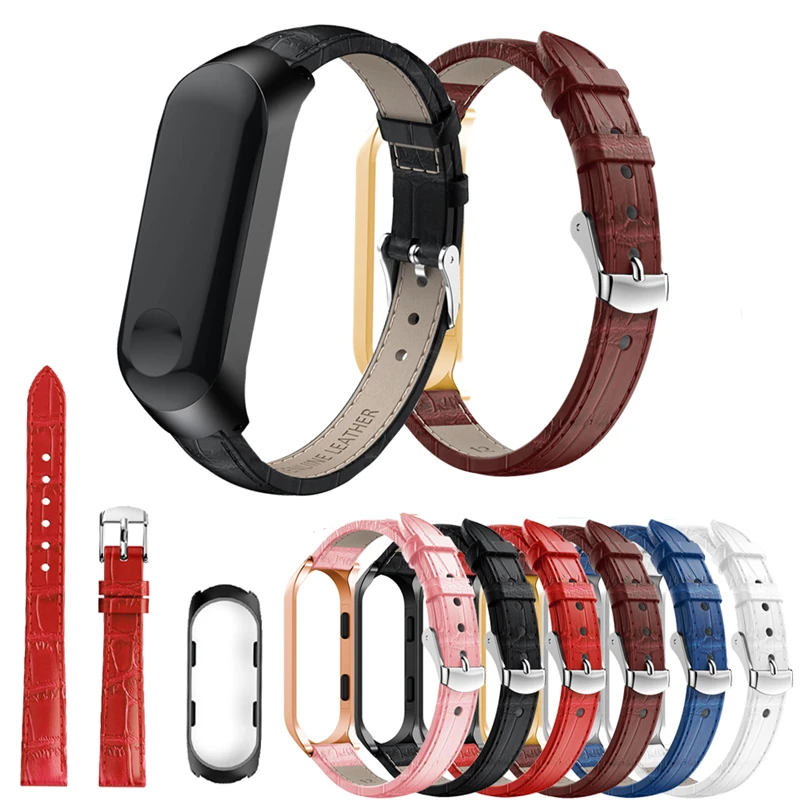 Кожаный ремешок для браслета Xiaomi Mi Band 4 металлический защитный чехол из