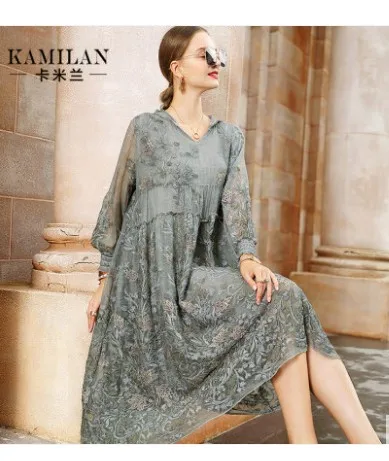 Шелковое платье 2020 весеннее женское новое из тутового шелка с вышивкой длинным