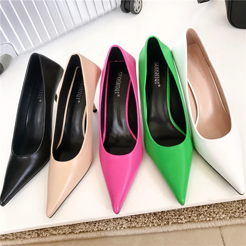 

Женские туфли на высоком каблуке 8 см, белые, зеленые, розовые Роскошные туфли-лодочки с острым носком, офисные дизайнерские вечерние туфли н...