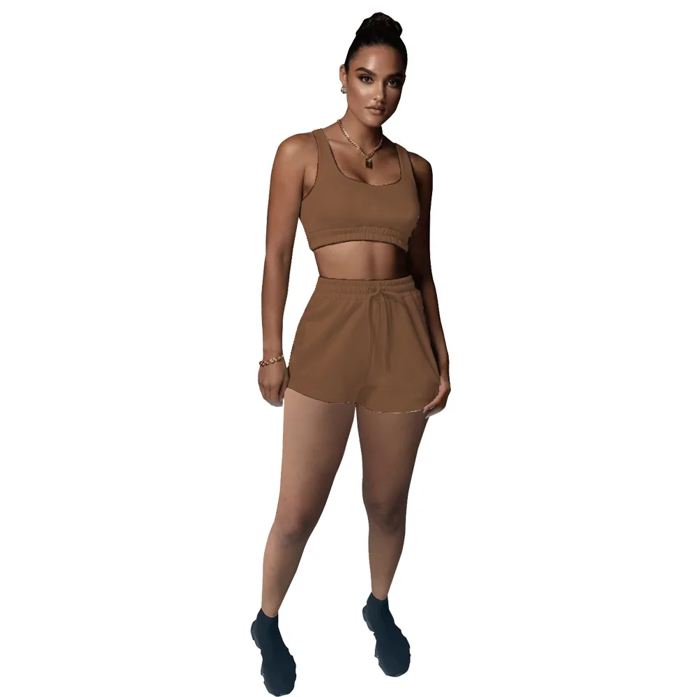 

Solid Gym Fitness Casual Yoga Tracksuit Sleeveless Tank Crop Top Drawstring Shorts Suit Outdoor Sporty Jogging Sportswear Outfit