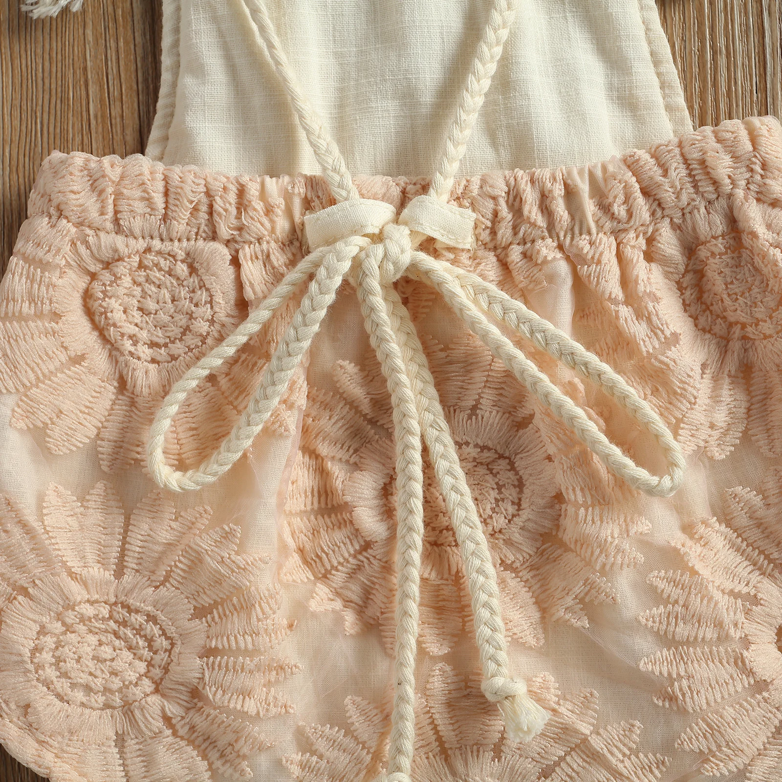 

Newborn Sleeveless Tassel Romper, Toddler Loose Flower Pattern U-shaped Neck Tie-up Playsuit