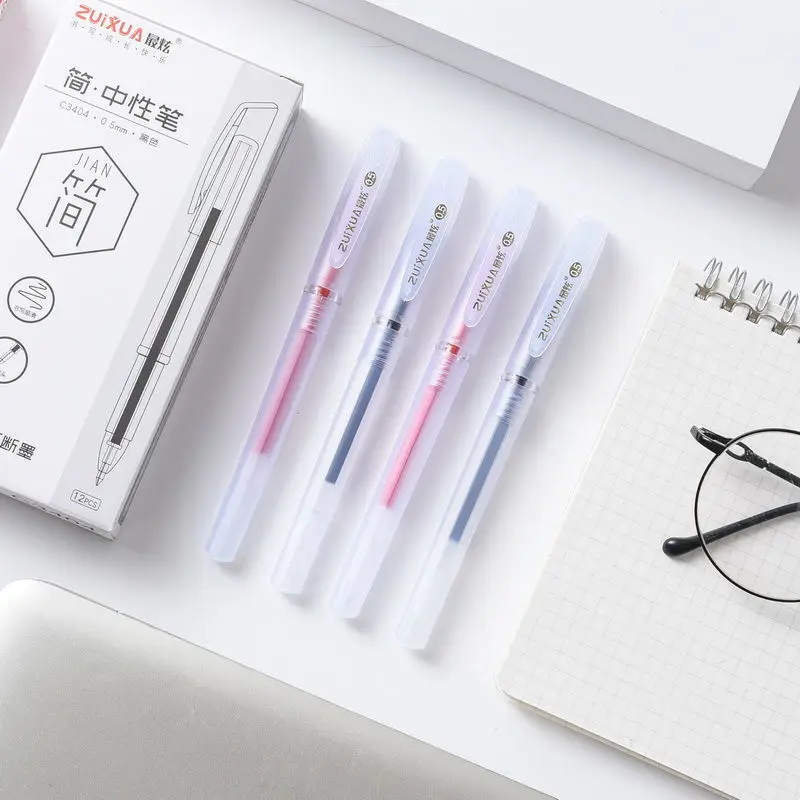 

12pcs Simple Gel Pen Transparent Signature Cap Carbon Bullet Head Student Office Pen