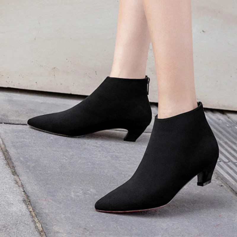 

New Winter Women Fashion Ankle Chelsea Boots Nubuck Leather Elegant Suede Flock Low Kitten Heels Botines Mujer Shoes Size 34