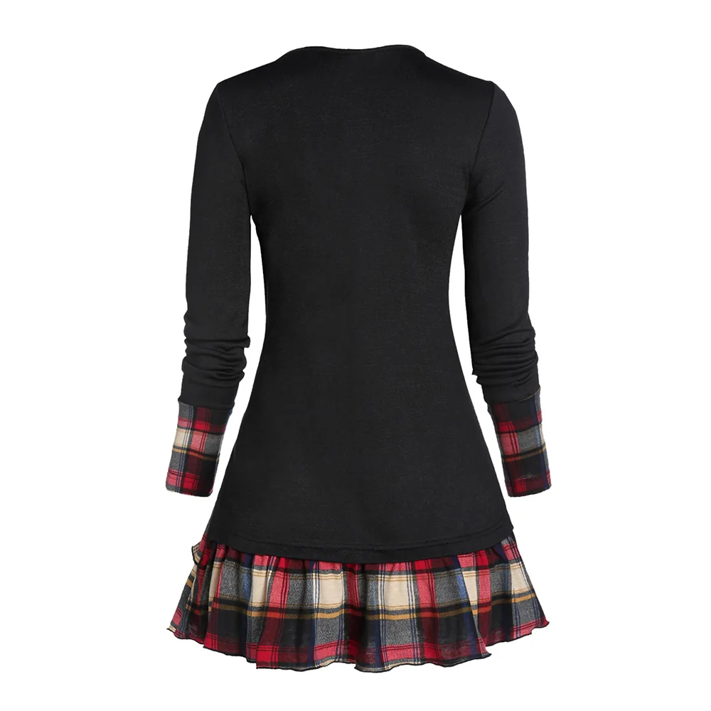 Женская клетчатая футболка DRESSFO многослойная с v-образным вырезом длинным