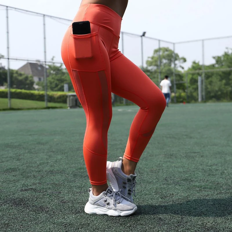

CHRLEISURE Mesh Fitness Leggings with Pocket Workout Leggings Women Push Up Leggins Spandex Pants Dropship