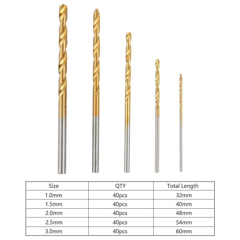 

200Pcs Titanium Coated Drill Bit High Speed Steel Drill Bit Straight Shank Drill Twist Drill 1 / 1.5 / 2 / 2.5 / 3MM