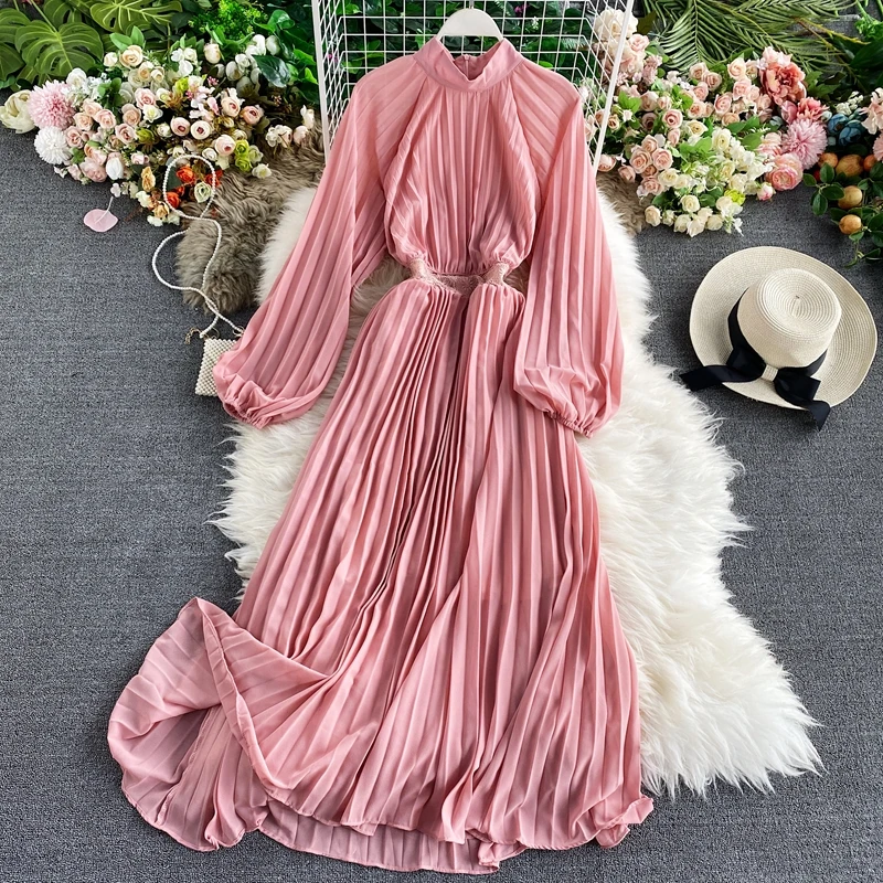 

European American popular full-sleeve dress 2021 spring fall new Korean temperament pleated long dress A-line dress women s654