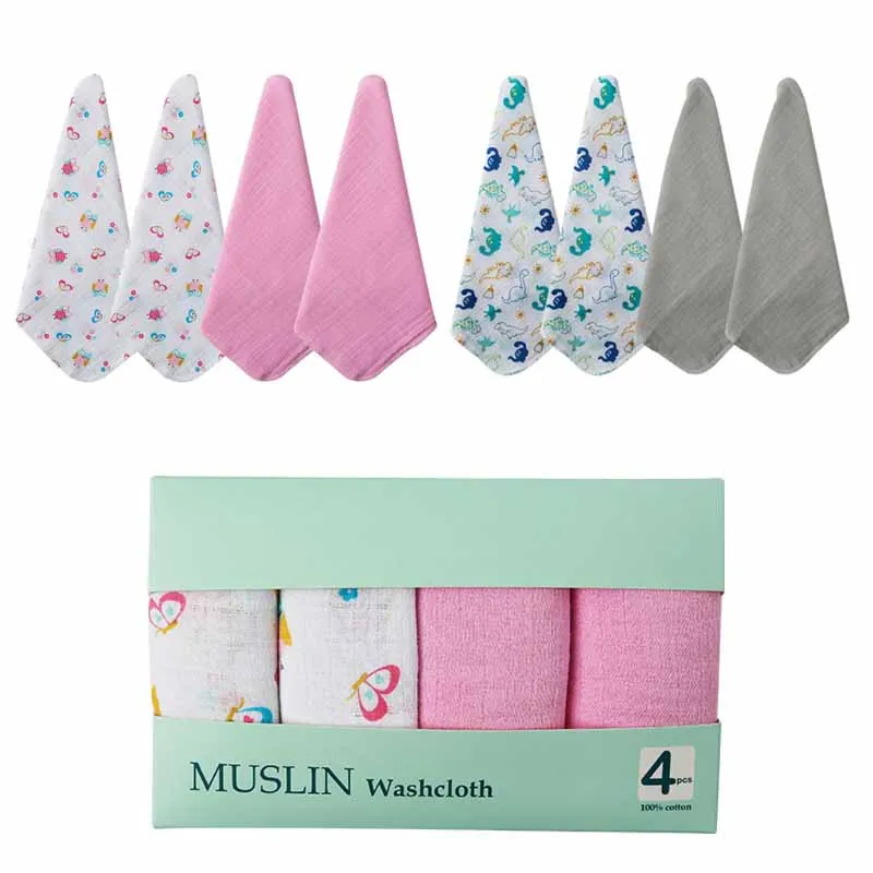 

4 Pcs Set Multi-functional Cotton Muslin Bath Towel Baby Burp Cloth Absorbent Washcloth Facecloth Handkerchiefs Feeding Towel