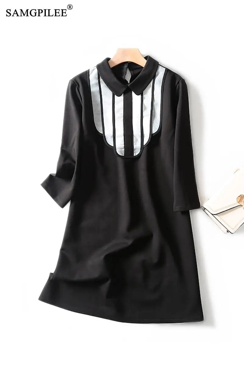

Women Autumn Casual Dresses 2021 Casual A-line Patchwork Three Quarter Sleeve Empire Peter Pan Collar Dresses For Women 3XL 4XL