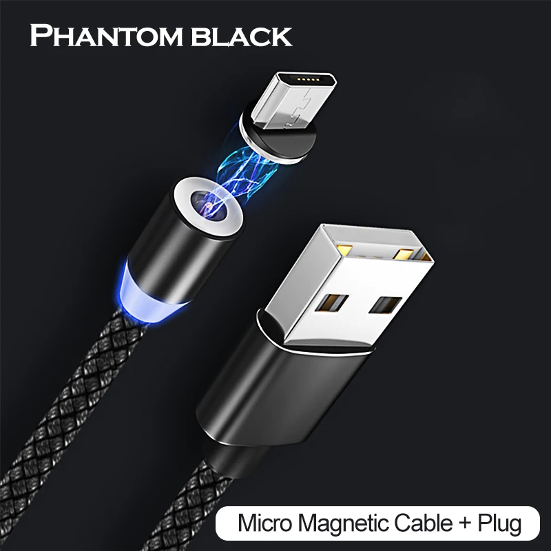 Black For Micro Магнитный usb-кабель для быстрой зарядки USB type C, магнитный светодиодный кабель для зарядки 1 м 2 м, кабель Micro usb для мобильного телефона, usb-кабель - Цвет: Black For Micro