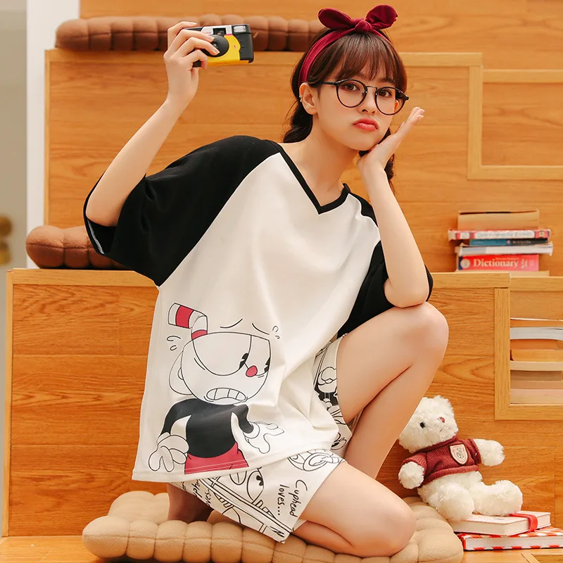 

Summer New Sleepwear Cute Anime Pajamas Set Women’s Cotton Home Wear Large Size Pijama Comfort Loose Breathable Nightwear Pyjama