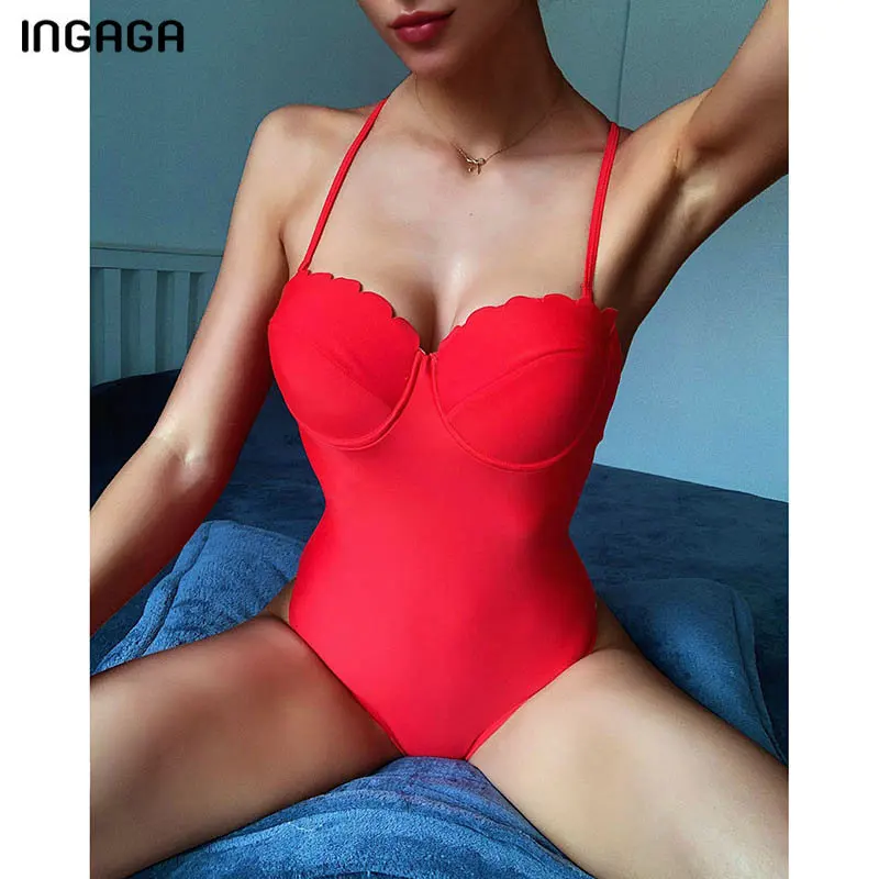 

INGAGA Solid Red Women's Swimwear 2021 High Cut Swimsuit One Piece Push Up Bodysuit Sexy Beachwear Strap Bathing Suit Summer