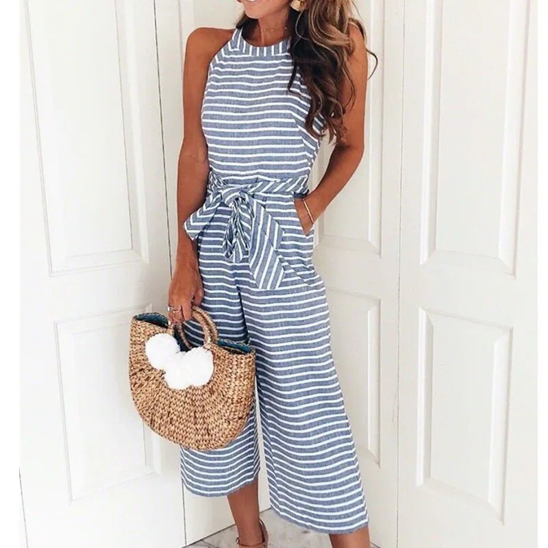 

Women Fashion Elegant Sleeveless Casual Jumpsuits Overalls Playsuits Spaghetti Strap Striped Slinky Belted Jumpsuit