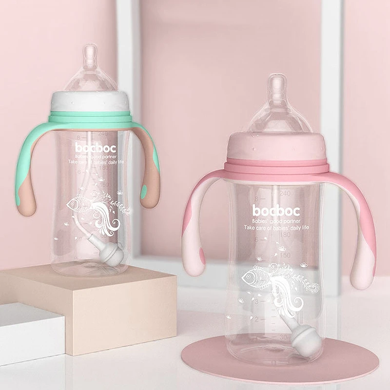 

240-300ML Newborn Baby Milk Bottle Portable Leak Proof Drinking Water Bottles Anti-slip Handle Standard Port Milk Cup with Straw