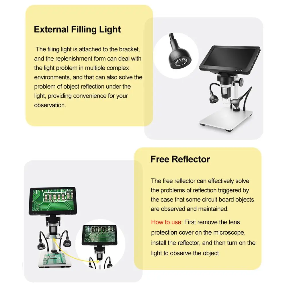 Цифровой микроскоп с увеличением 1200х и HD экраном 7 дюймов подходит для изучения