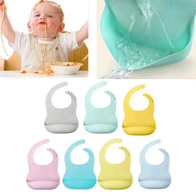

Solid Color Baby Silicone Waterproof Bib with Pockets Feeding Saliva Towel Apron