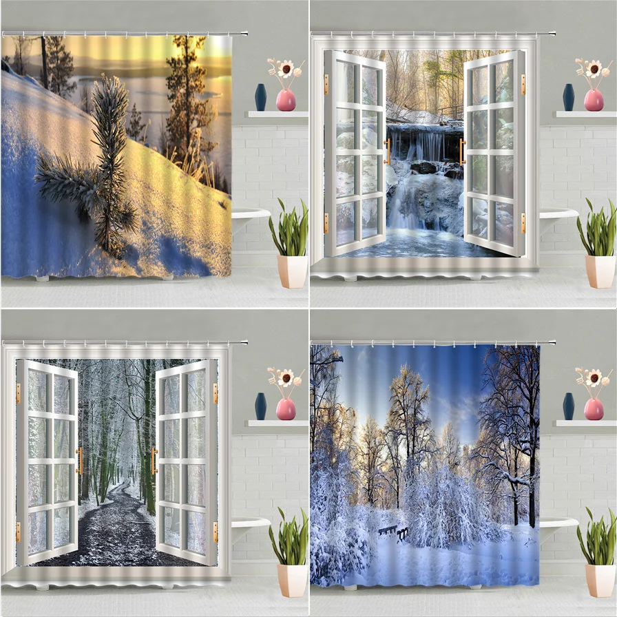 

Winter Forest Scenery Shower Curtain Set 3D Window View White Snowy Landscape Bathroom Hanging Curtains Home Bathtub Deco Screen