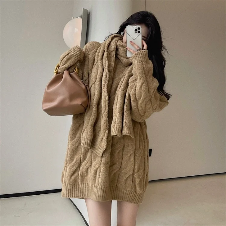 

Long Sleeve Loose Lazy Sweater Women's Winter Medium and Long Pullover Thickened Sweater with Scarf C2137