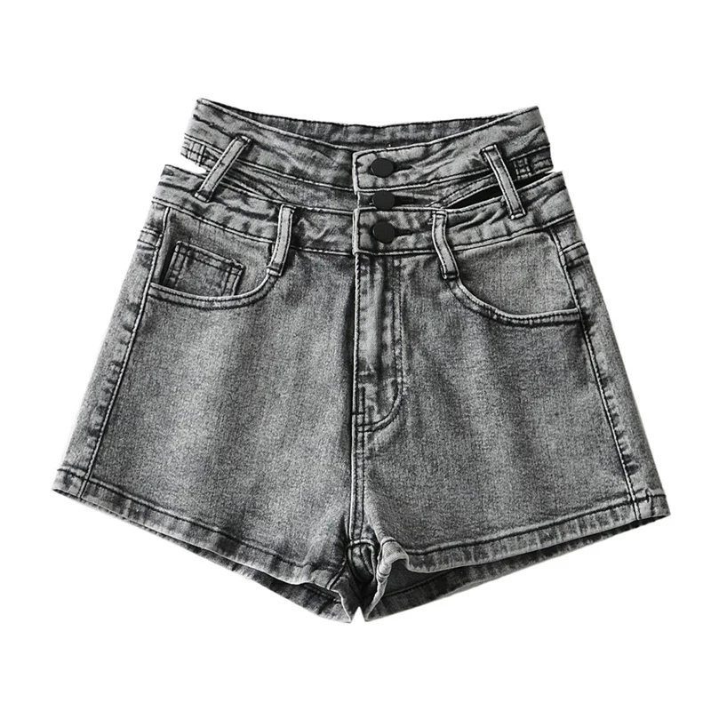 

Vintage High Waist Slim Denim Shorts Women Fashion Double-waist Sexy Side Hollow Out Zipper Fly Mini Jeans Plus Size