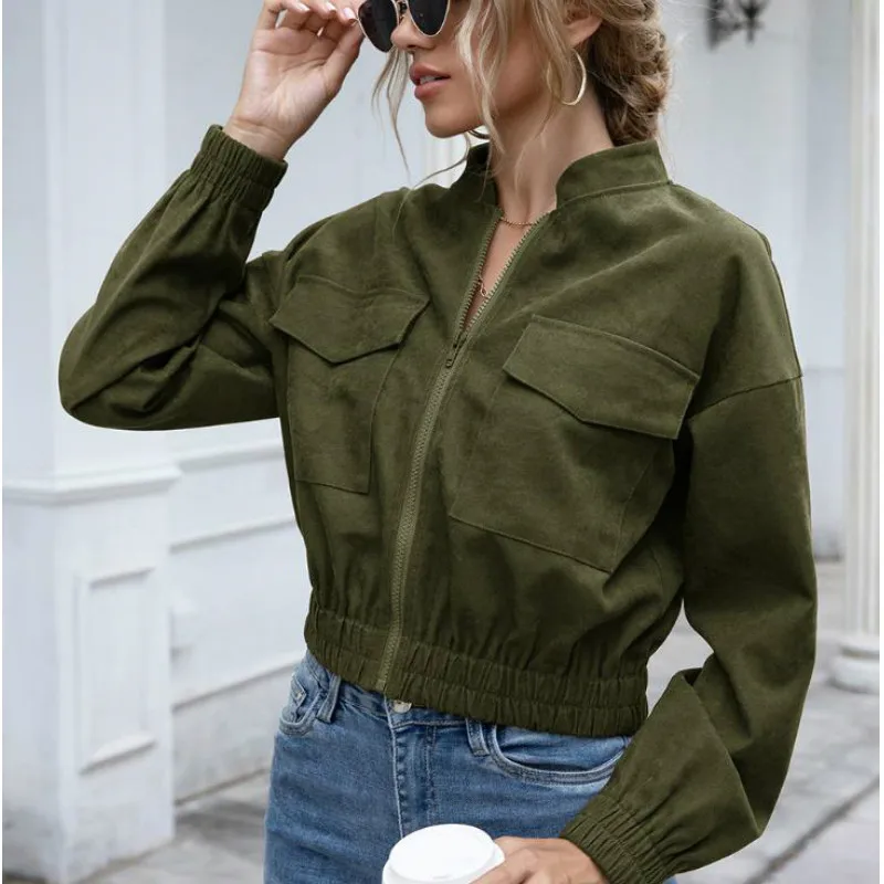 

Women's Spring Autumn High Waist Punk Jacket Streetwear Casual Zipper Pockets Long Sleeve O-neck Coat