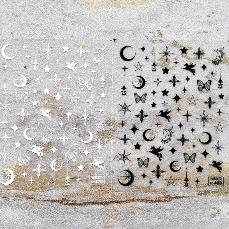 

Наклейки для ногтей с гравировкой Упростите 5D, ультратонкие белые, черные, Звездные, небо, луна, звезда, летающая лошадь, украшения для ногте...