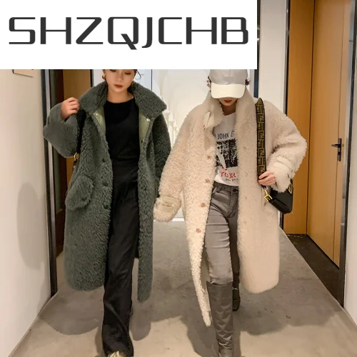 

SHZQ пальто из натурального меха женская винтажная длинная овечья стрижка куртка женская зимняя одежда 2021 корейское пальто из 100% шерсти элег...