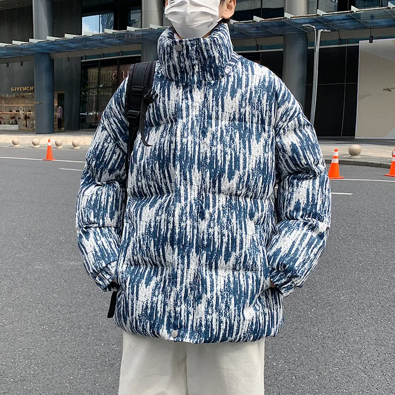 Men's Fashion Stand-up Collar Cotton-padded Jacket Thick Striped Tide Brand Ins Loose Bread Clothes Harajuku Winter Jacket Men