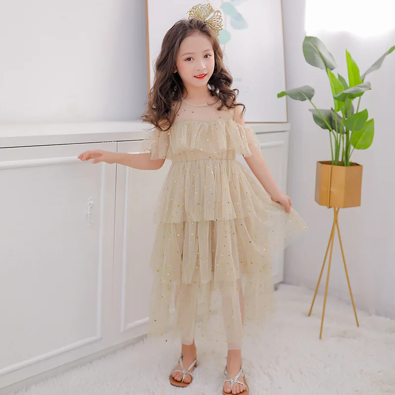 Kids Dresses for Girls Princess Dress 2021 Spring Mesh Lace Sequins Layered Children Clothes Costume 8 10 12 13 Years | Детская одежда