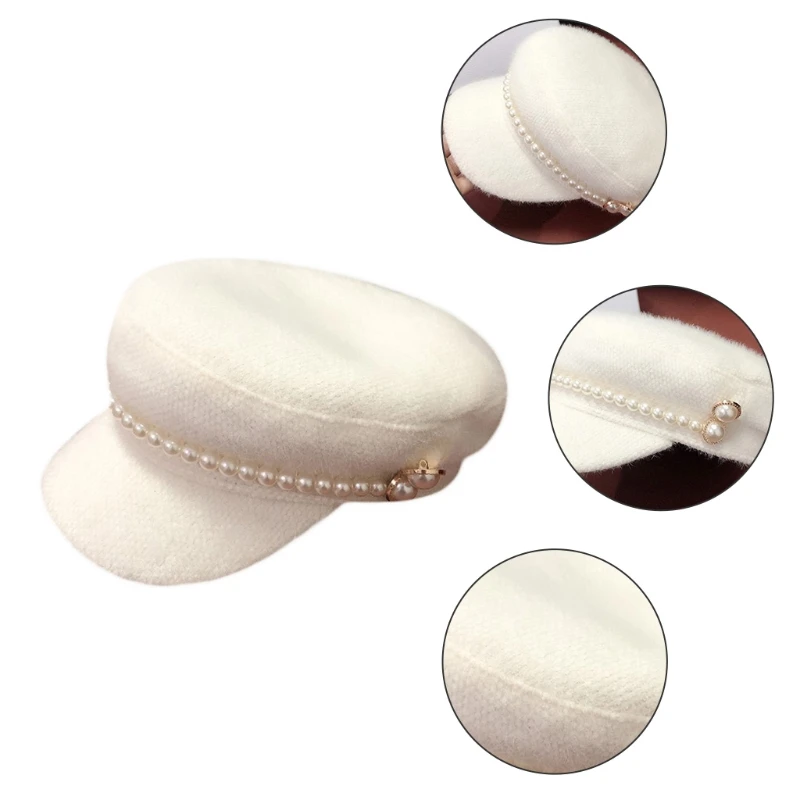 

Women Winter Warm Beanie Navy Hat Pearl Buttons Beaded Faux Fur Visors Beret Cap =